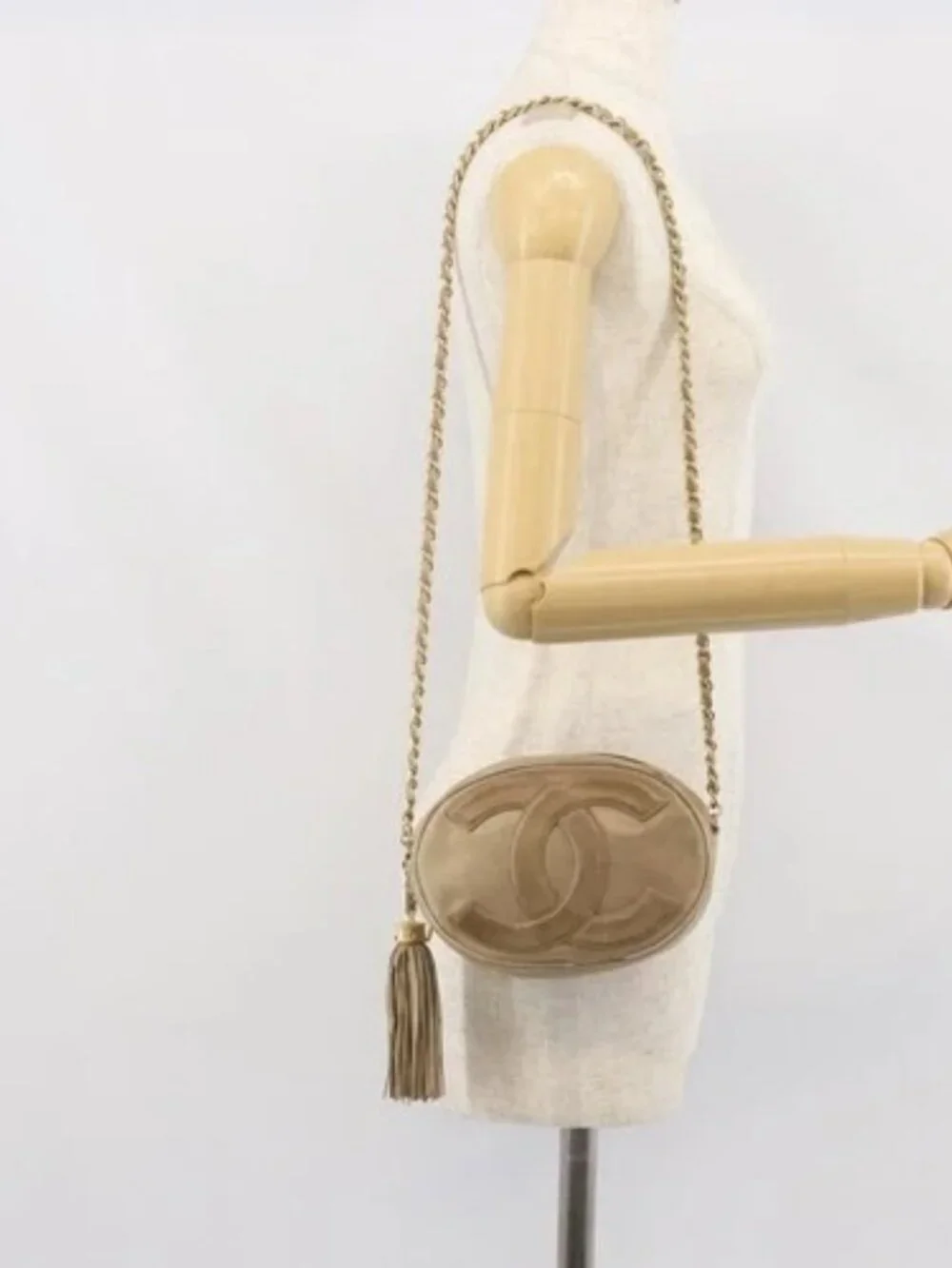 CHANEL Chain Shoulder Bag Lamb Skin Beige Gold CC Auth bs32361